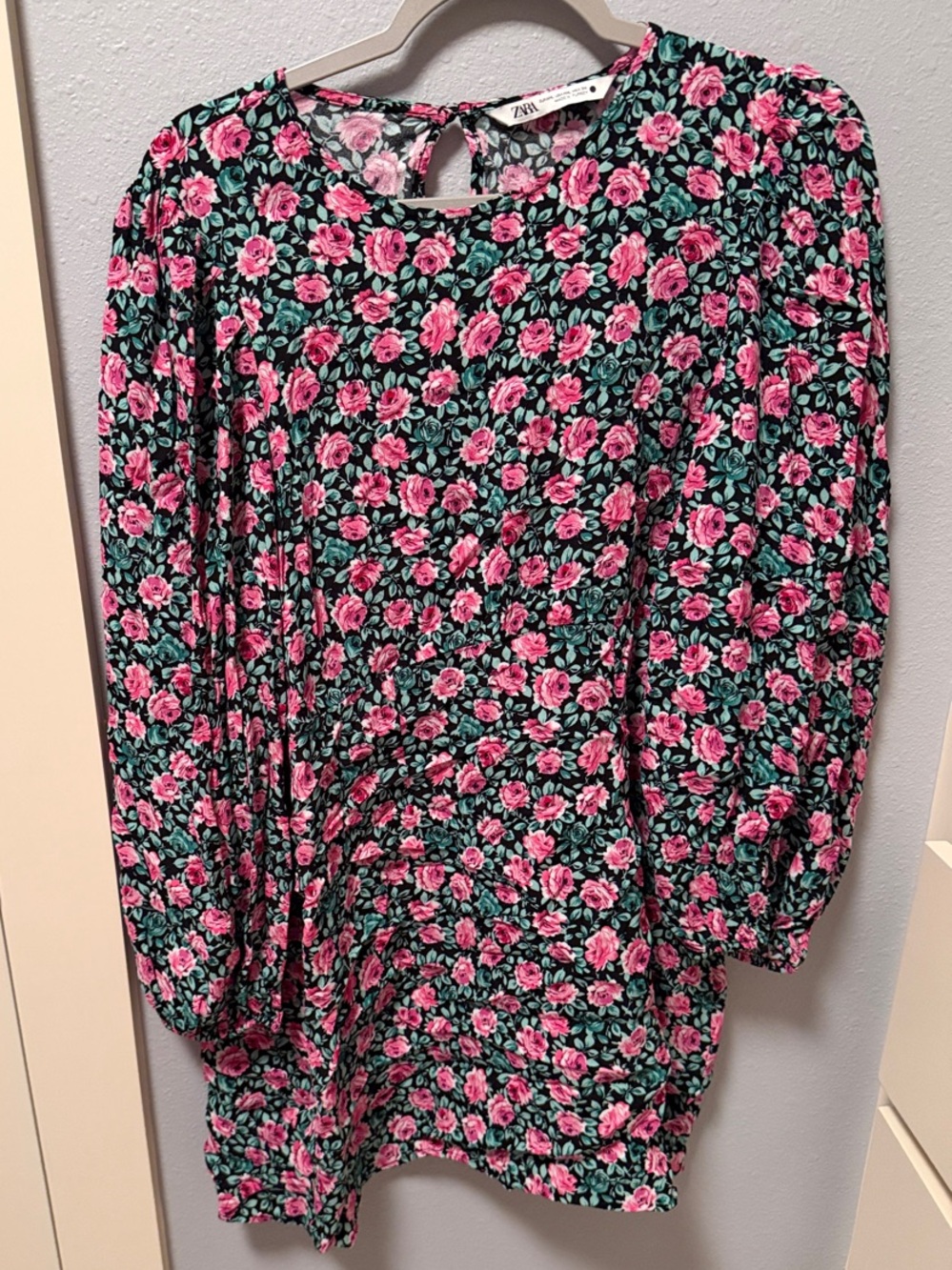 Zara Black Mini Dress with Pink Floral Print